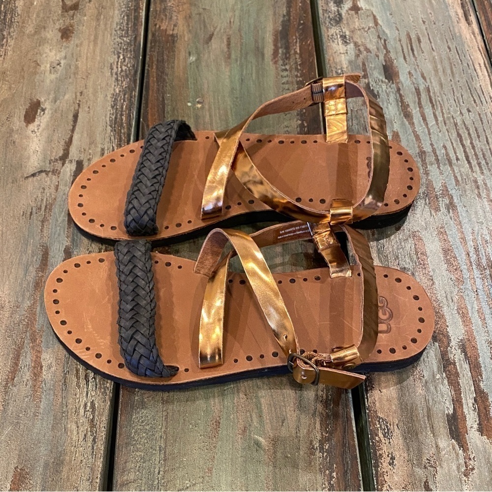 UGG NWOT Jordyne Sandals Flats Size 5 Metallic Copper Leather Braided Black - Picture 12 of 13